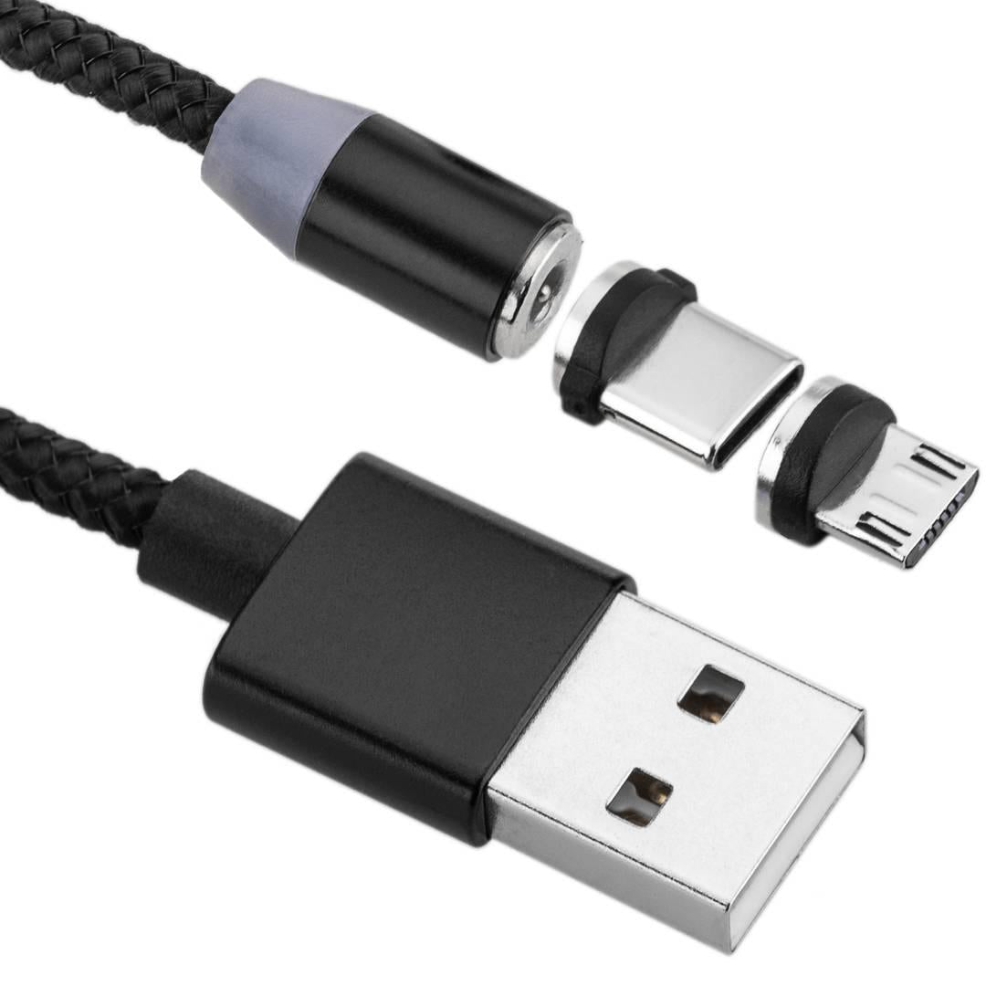 Charging Cable 2 in 1 USB-A 2.0 male to magnetic USB-C and Micro USB connectors 1 m braided