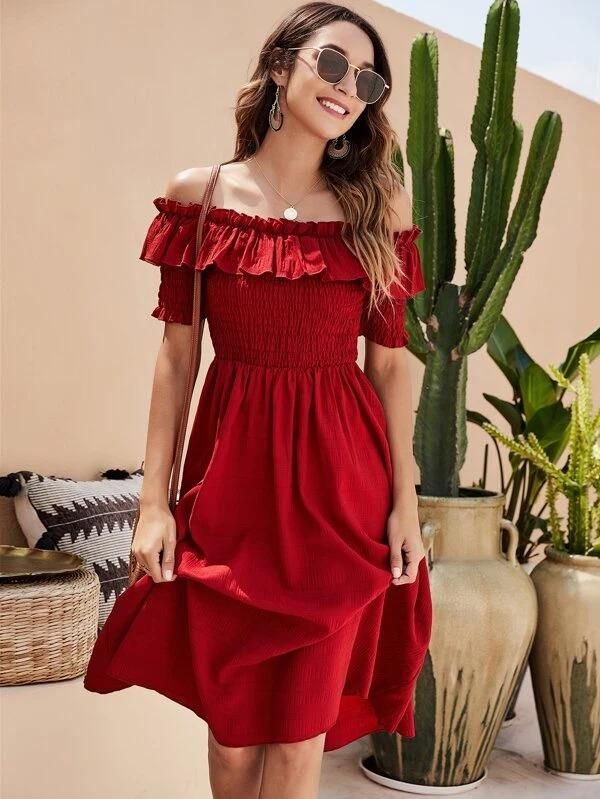 Women's Rayon Solid Off Shoulder Midi Dress