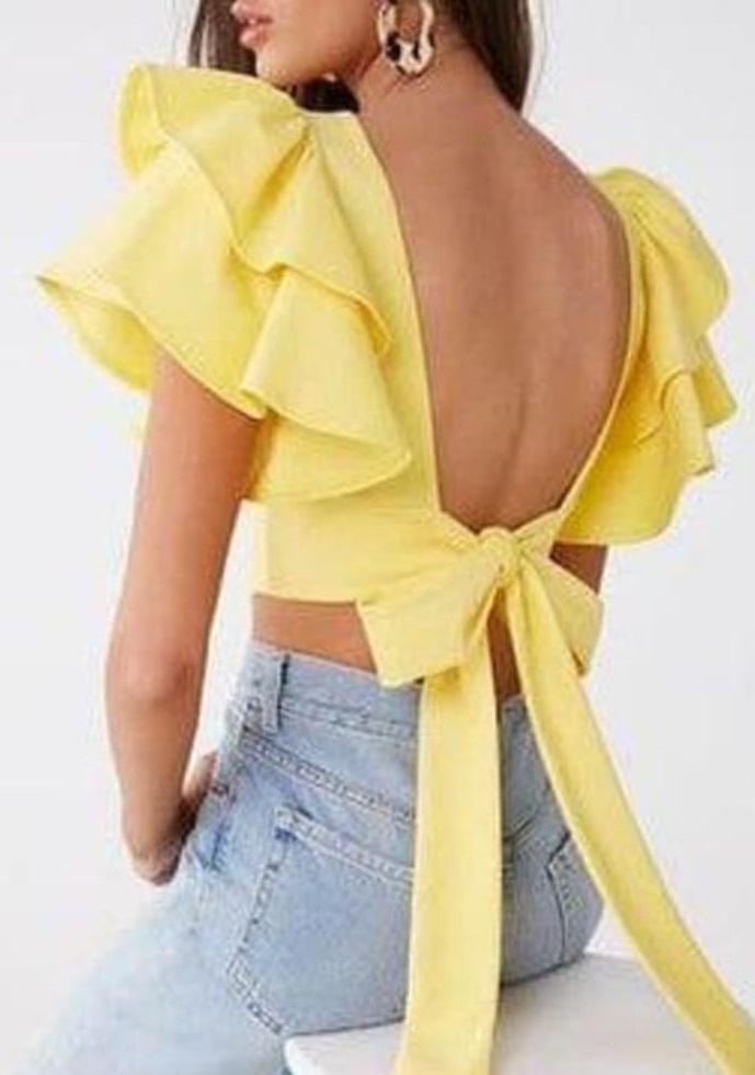 Women's Crepe Solid Flared Sleeves Crop Top