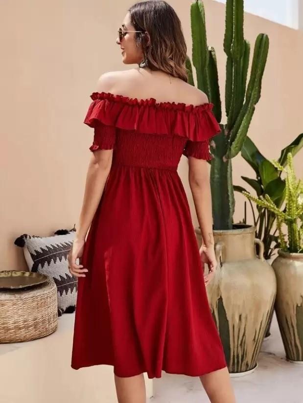 Women's Rayon Solid Off Shoulder Midi Dress