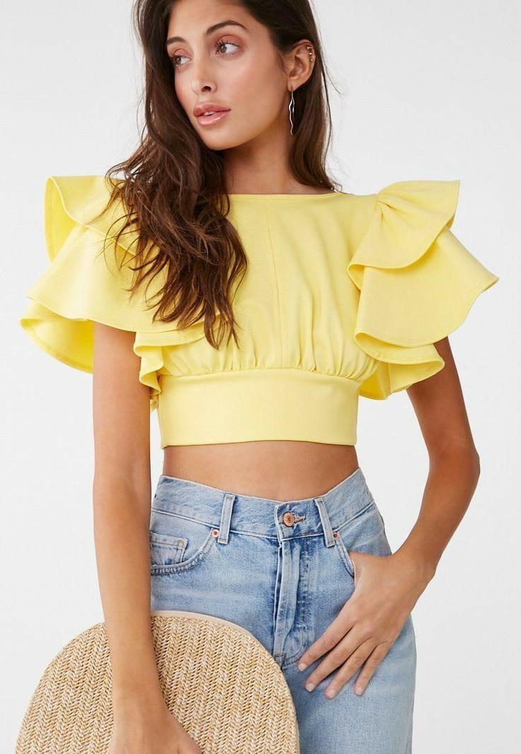 Women's Crepe Solid Flared Sleeves Crop Top