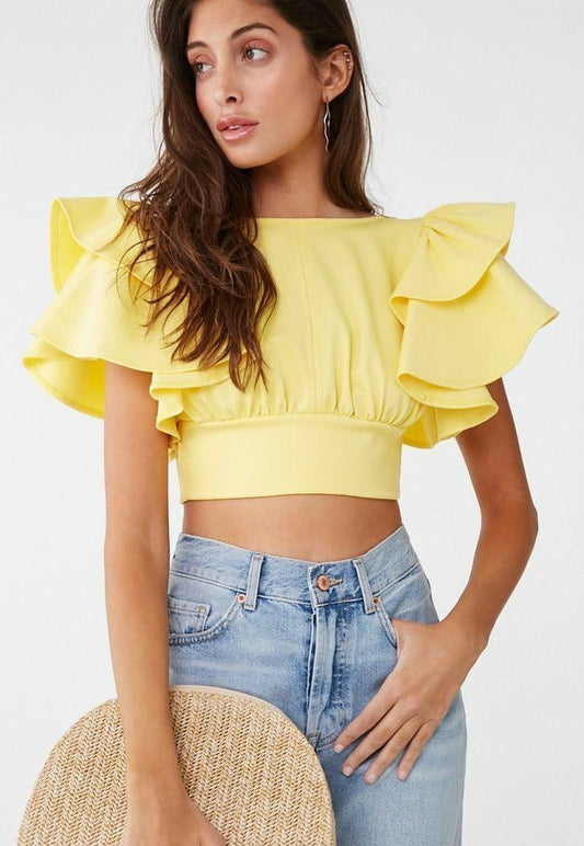 Women's Crepe Solid Flared Sleeves Crop Top