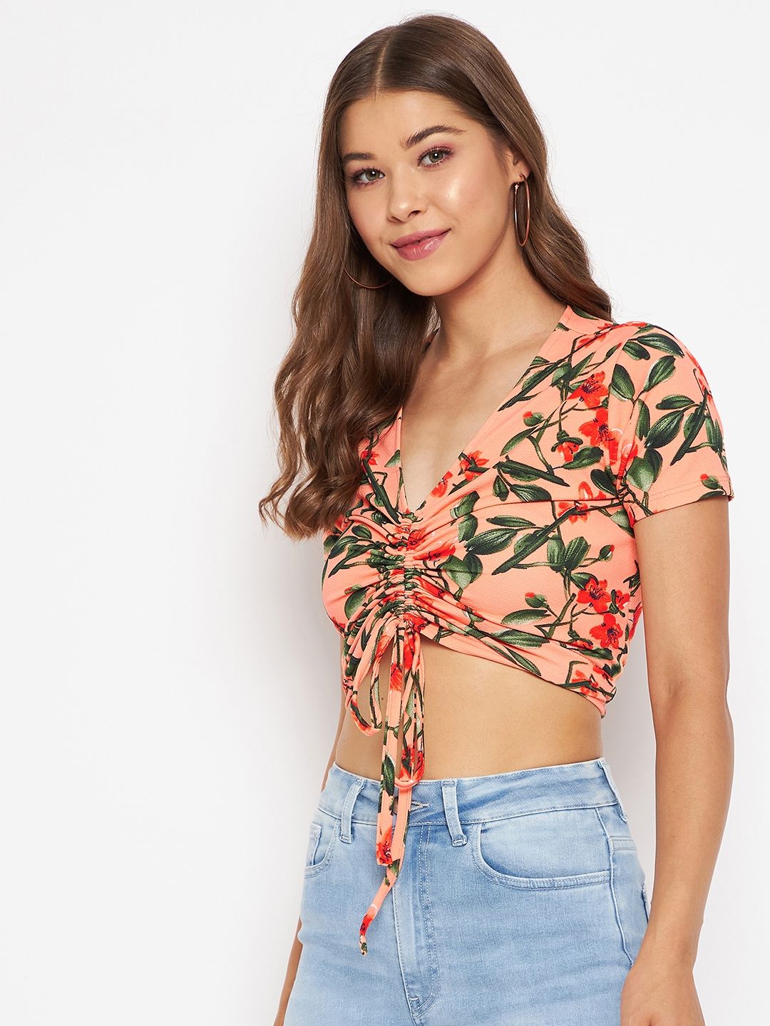 Uptownie Lite Stretchable Polyester Front Drawstring Ruched Crop Top