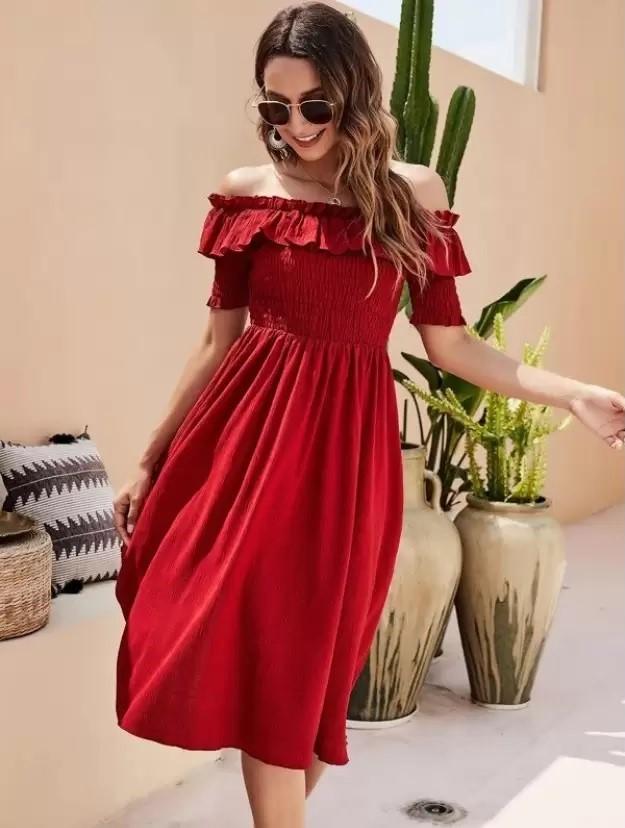 Women's Rayon Solid Off Shoulder Midi Dress