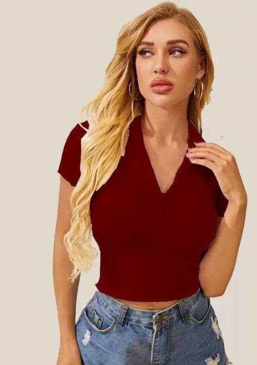 Women's Lycra Solid Zip Up Fitted Crop Top