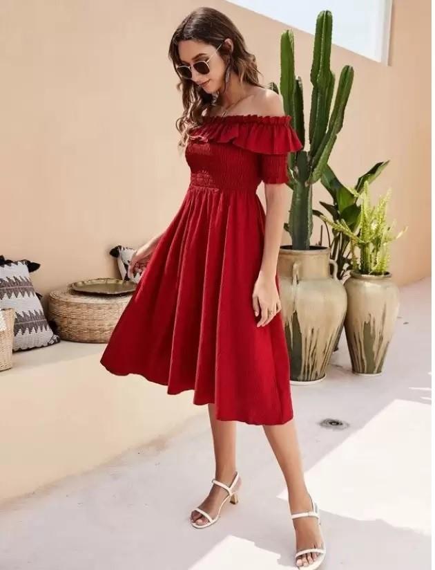 Women's Rayon Solid Off Shoulder Midi Dress