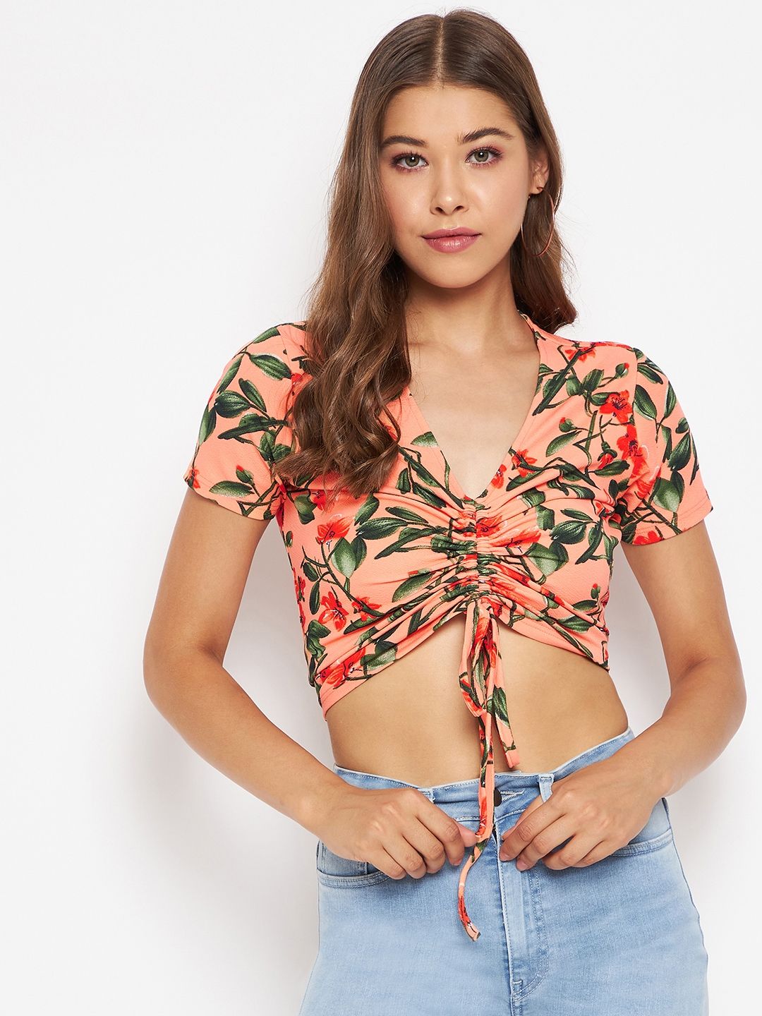 Uptownie Lite Stretchable Polyester Front Drawstring Ruched Crop Top