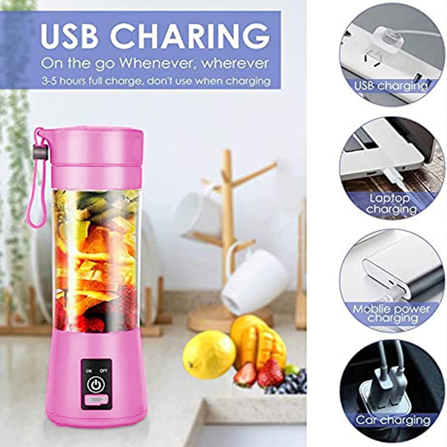 Portable Rechargeable Electric USB Juicer Mixer with 6 Blades (MULTI Color)