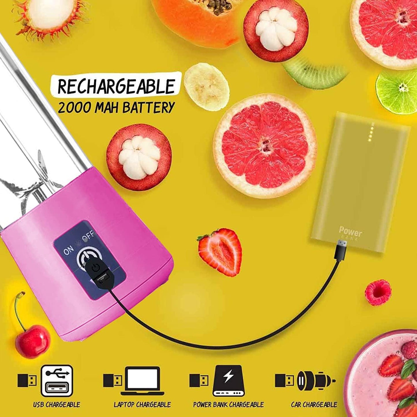 Portable Rechargeable Electric USB Juicer Mixer with 6 Blades (MULTI Color)