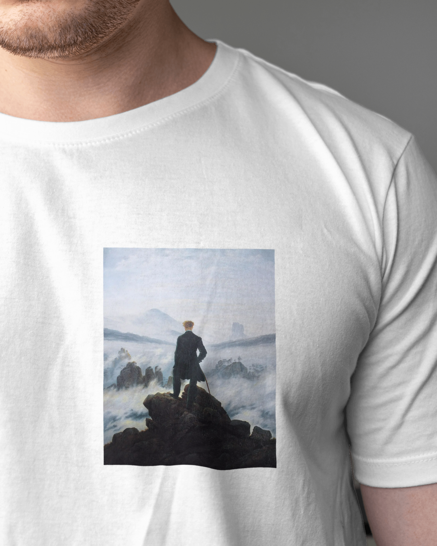 Wanderer above the Sea of Fog by Artist Caspar David Friedrich T shirt For men's