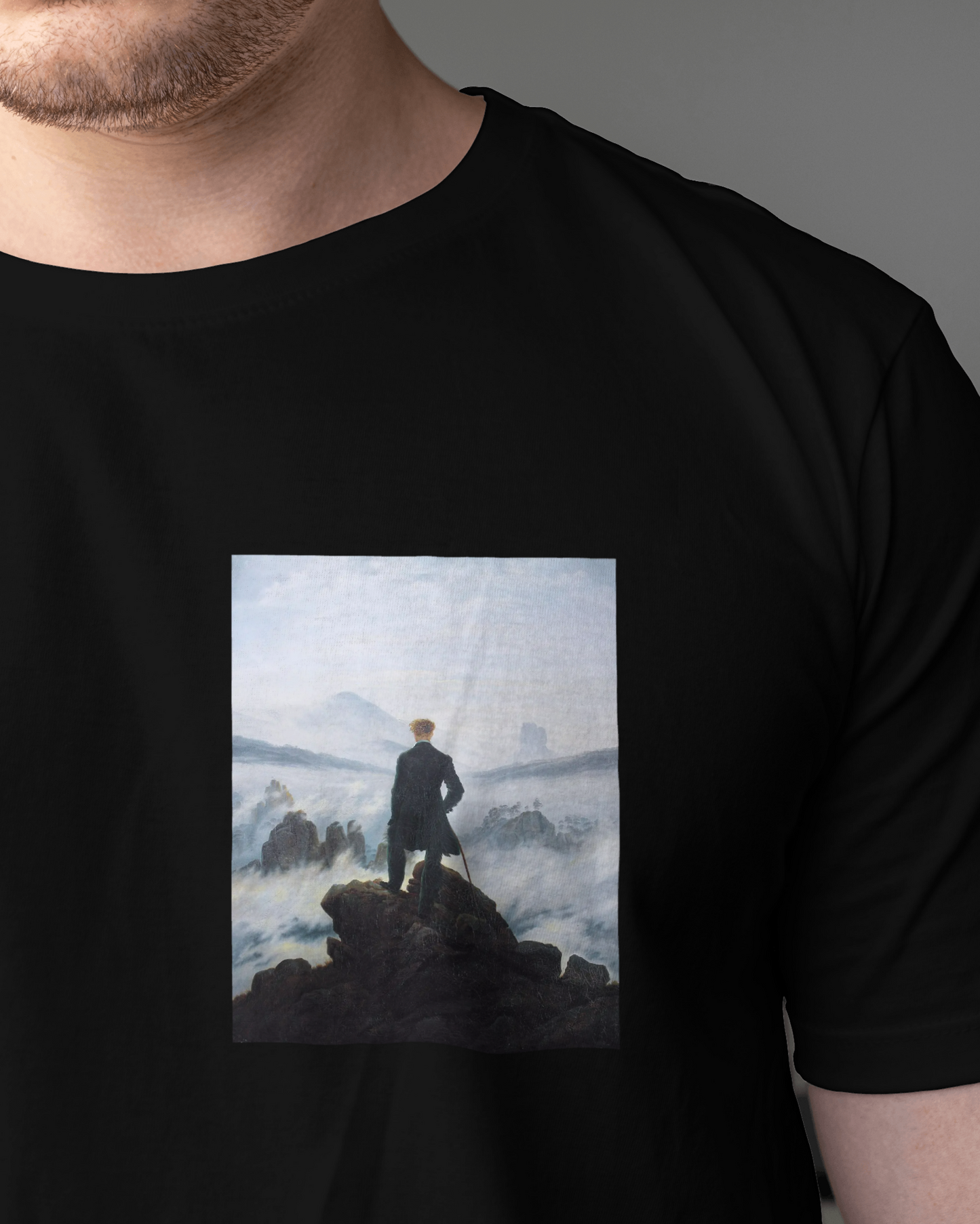 Wanderer above the Sea of Fog by Artist Caspar David Friedrich T shirt For men's