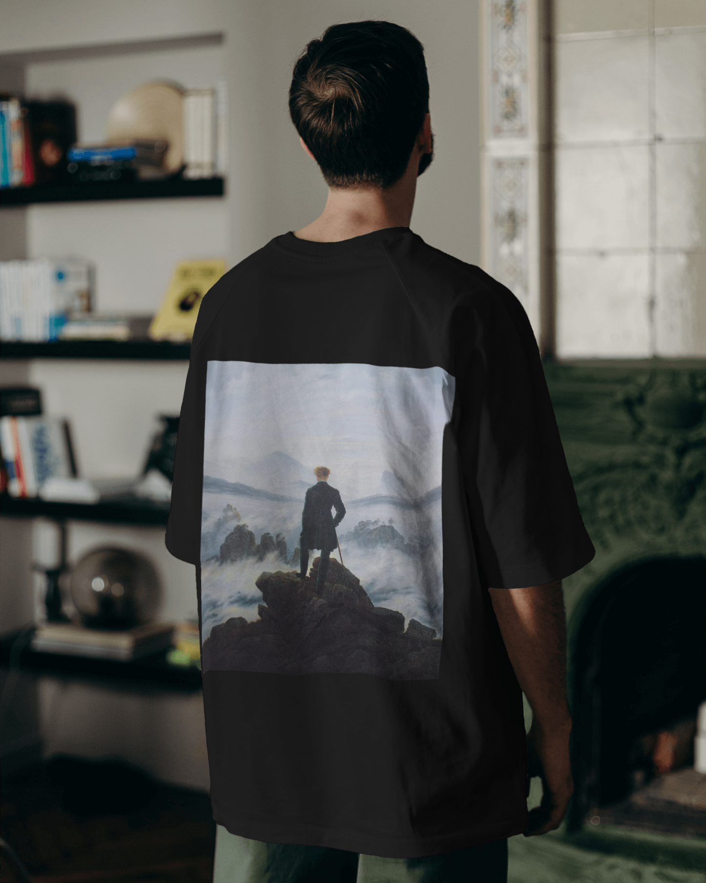 Wanderer above the Sea of Fog by Artist Caspar David Friedrich Oversized t shirt for men's