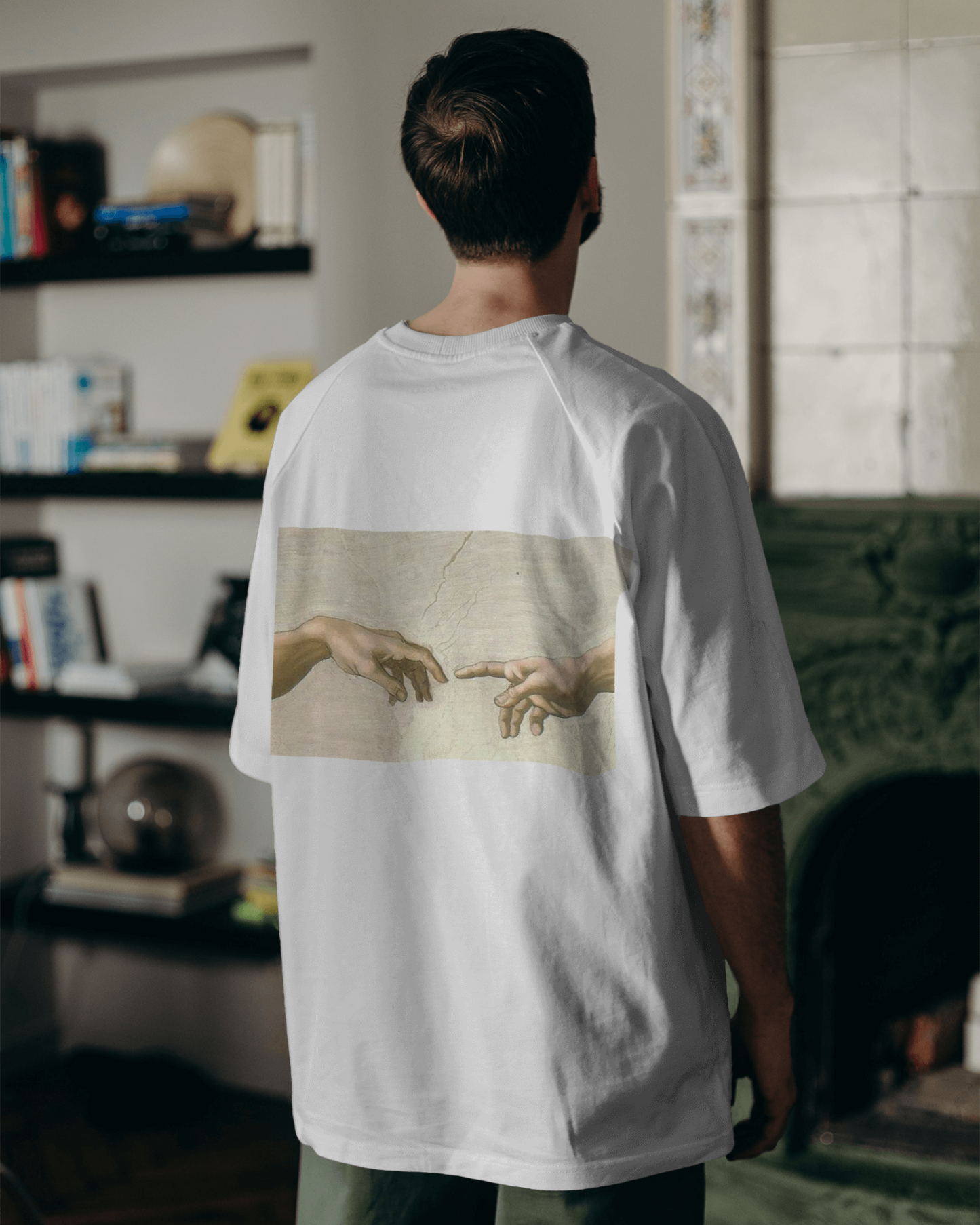 Creation of Adam by Artist Michelanelo Oversized tshirt for men's