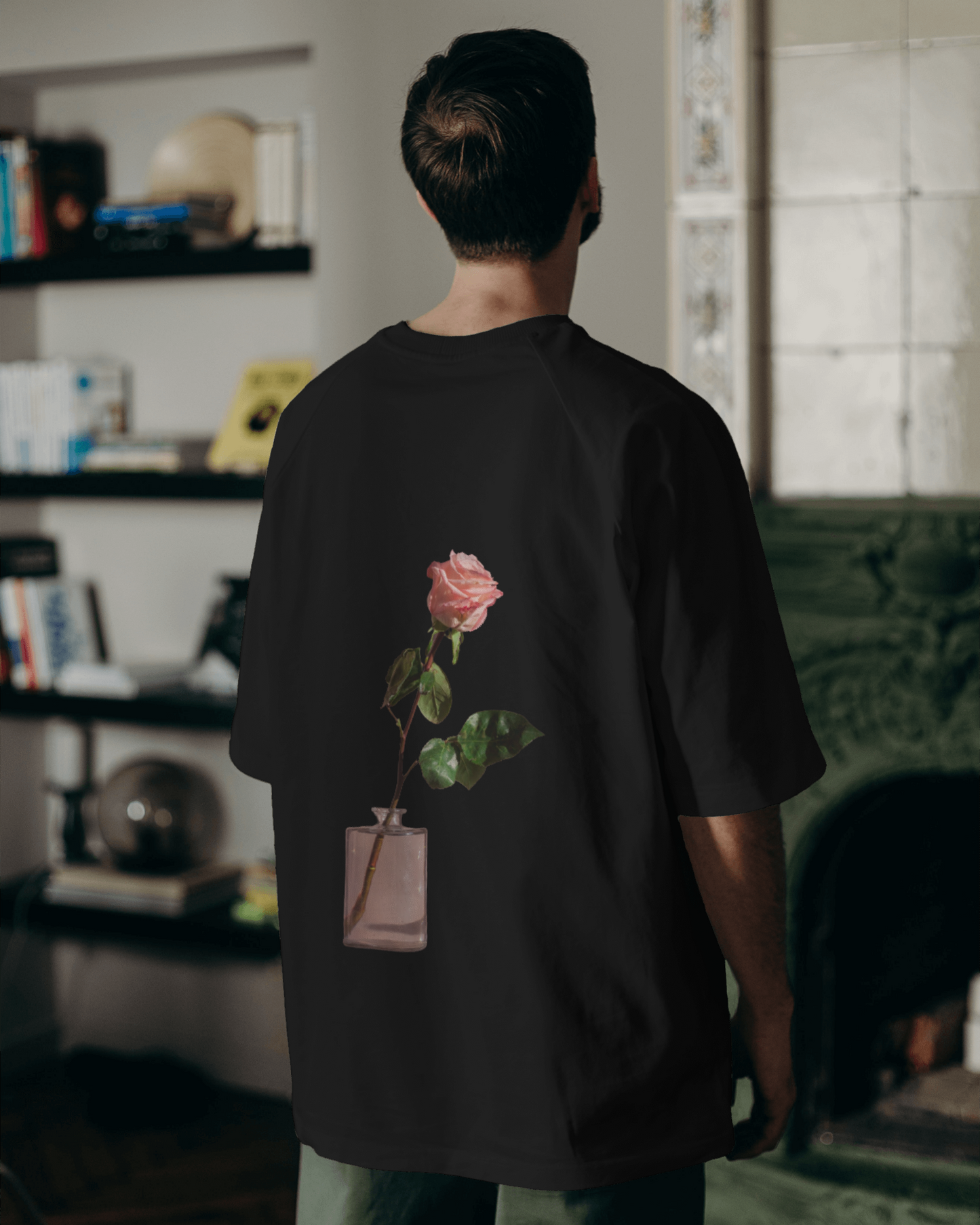 Pink Rose in Perfume Bottle Floral Oversized T shirt For Men's